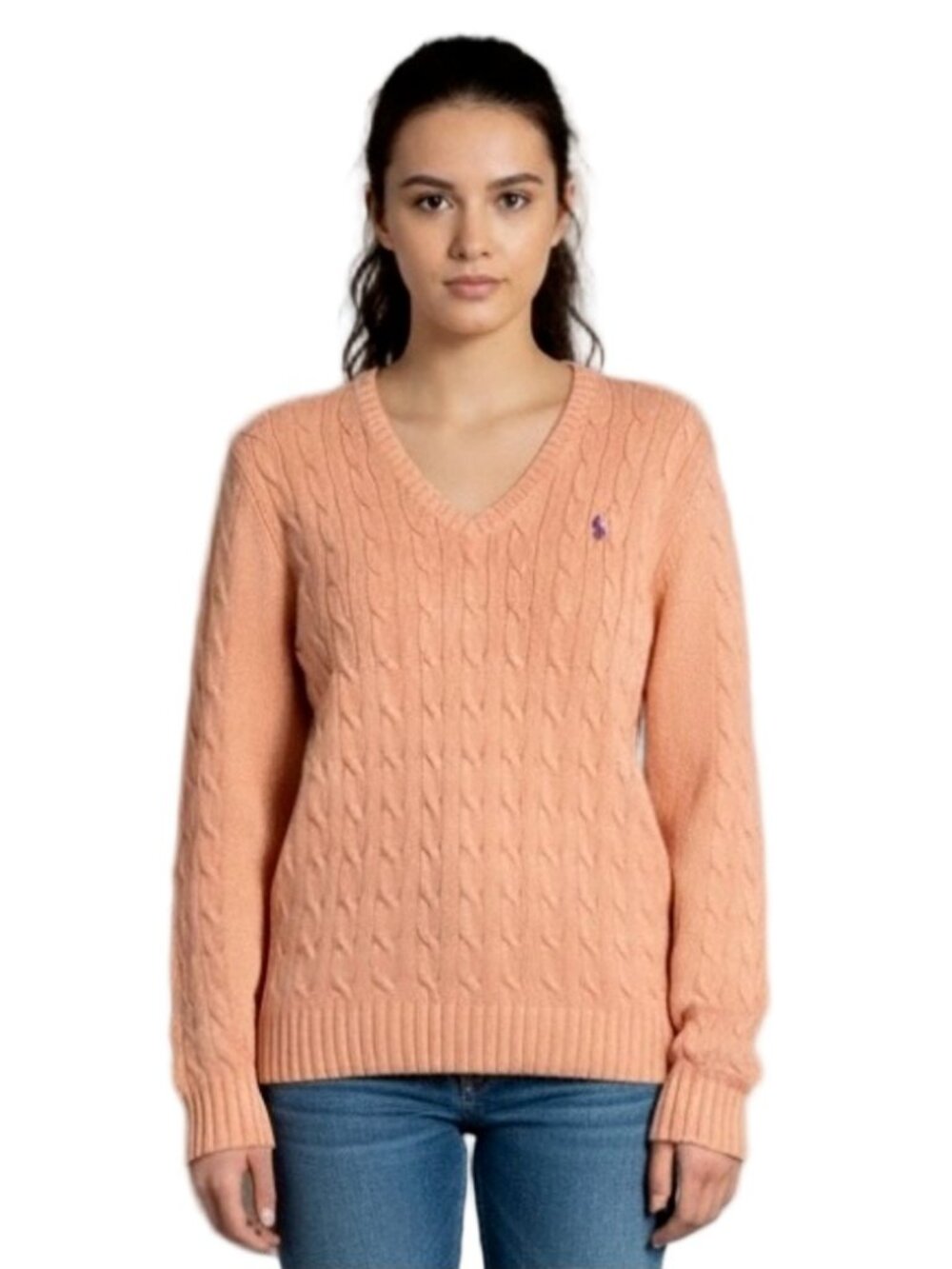 Ralph Lauren Cableknit Pullover V-Neck Sweater in Orange - Medium